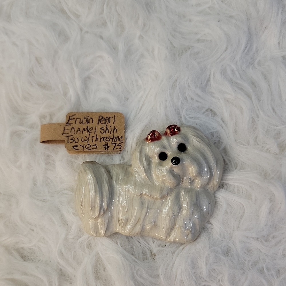 Erwin Pearl Enamel Shih Tzu Brooch with Rhinestone Accents